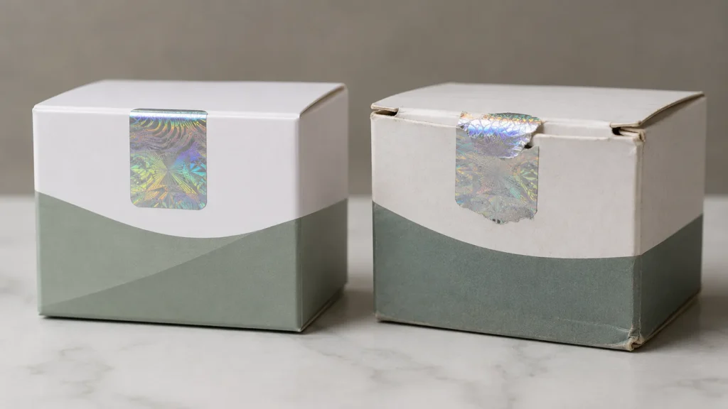 Perbandingan segel hologram asli Holographia dengan segel palsu, menunjukkan perbedaan kualitas visual