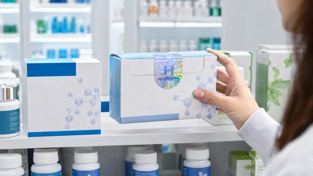 Detail segel hologram berkilau pada kemasan produk farmasi sebagai elemen keamanan dan visual premium