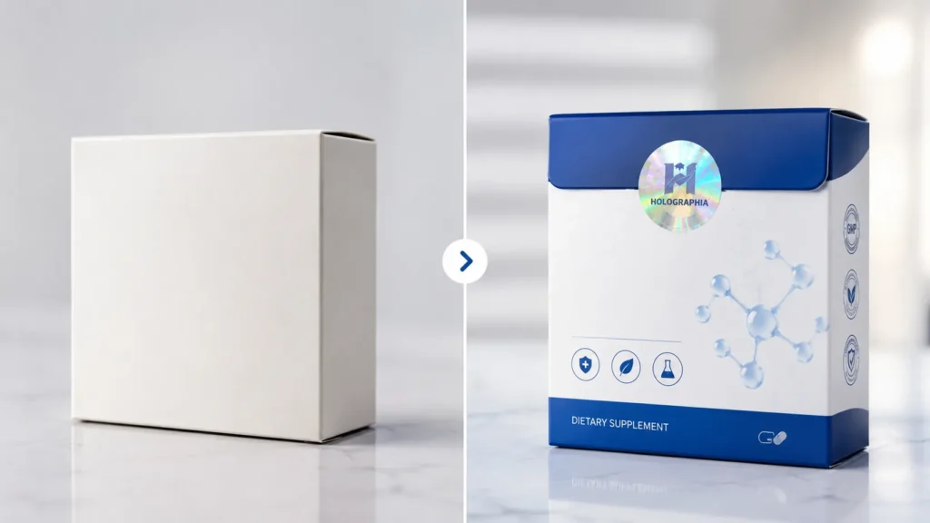 Brand owner memeriksa kualitas segel hologram Holographia pada kemasan produk obat sebelum distribusi